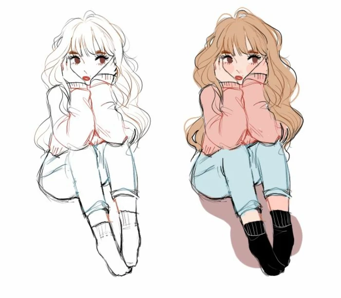 side by side drawings, how to draw a cartoon person, girl sitting, long brown wavy hair, black socks
