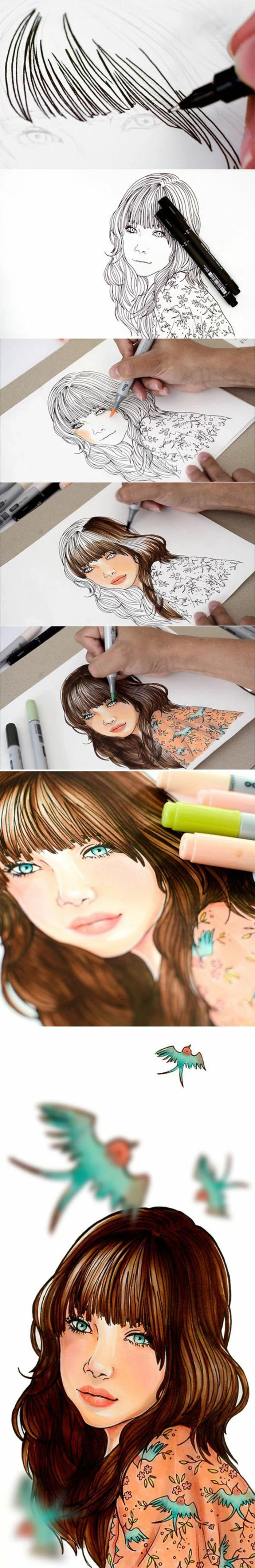 step by step tutorial, how to draw a girl, long brown hair with bangs, floral shirt with birds