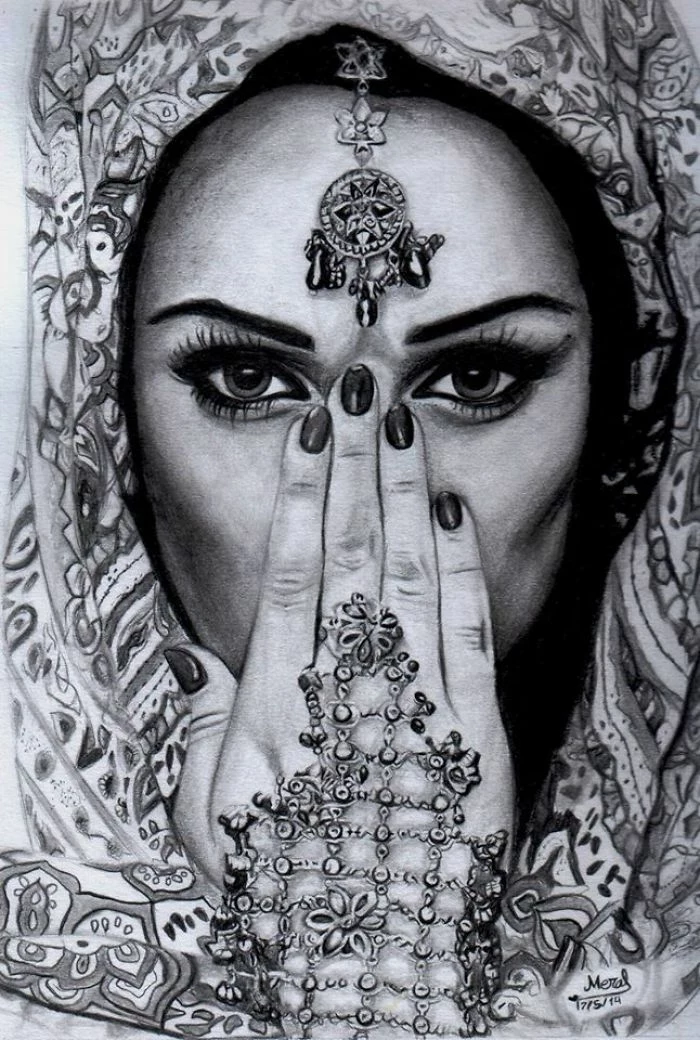 black and white drawing, a girl with a head scarf, anime girl sketch, hand and face jewellery