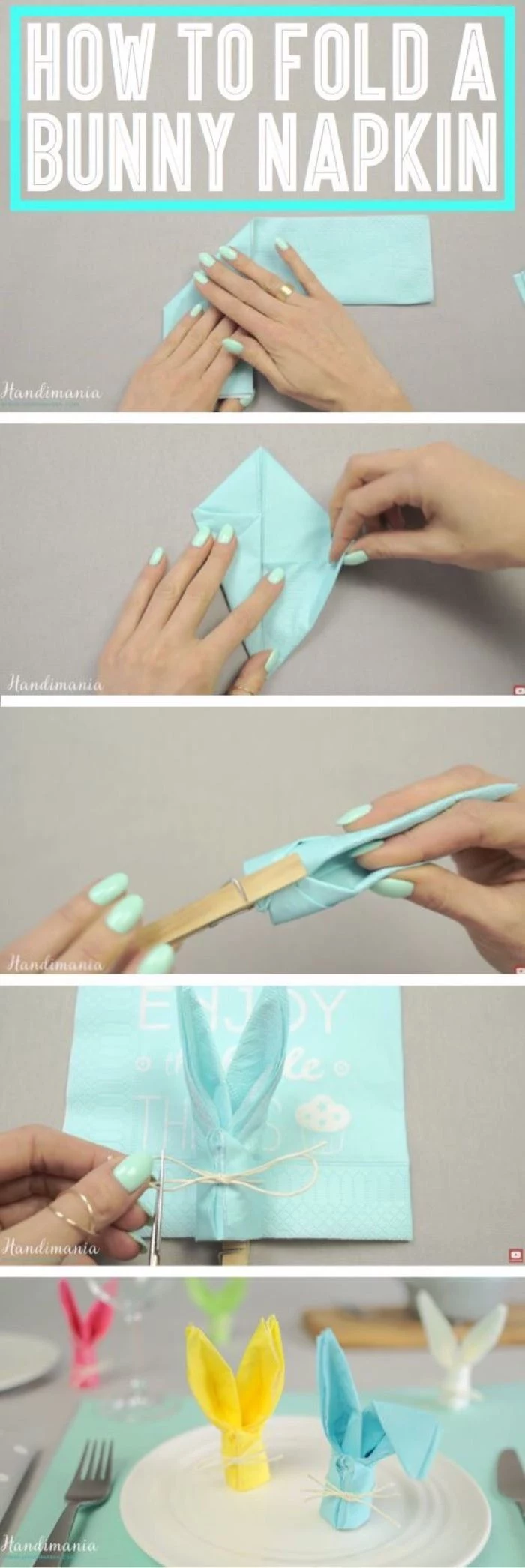 how to fold a bunny napkin, easter table decorations, step by step diy tutorial, blue napkin