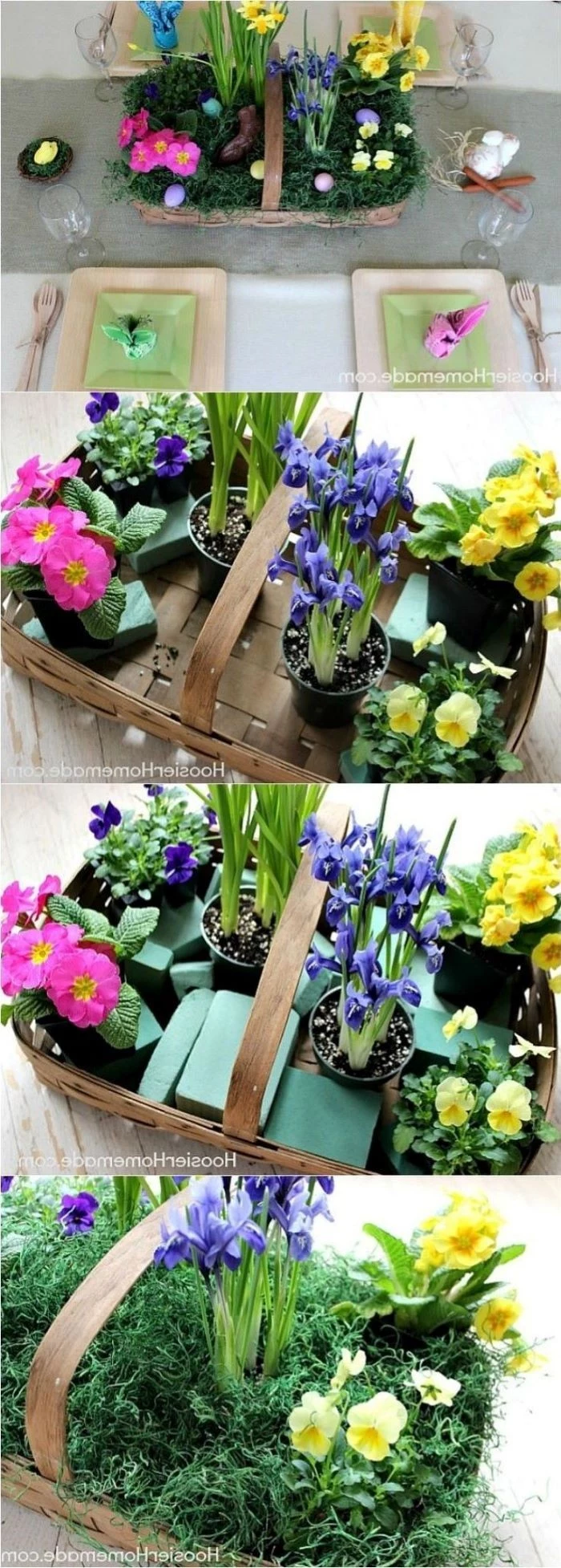step by step diy tutorial, flower basket, easter table settings, colourful flower bouquets