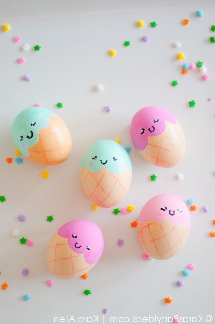 ice cream cone eggs, pink and blue dye, easter egg coloring ideas, colourful star sprinkles around