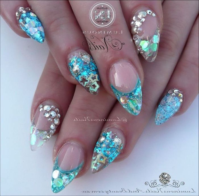 mermaid manicure, 3d manicure, nail designs for short nails, rhinestones and small sequins under the top coat