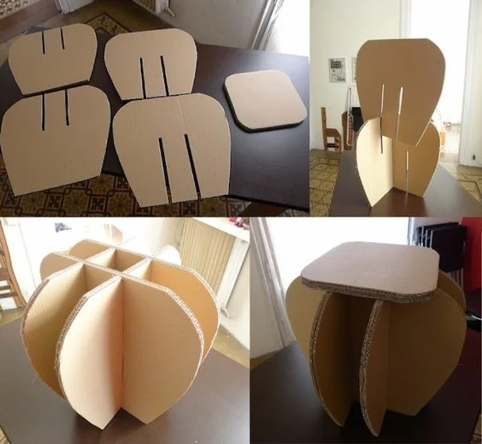 cardboard table, in the shape of a flower, cardboard ideas, step by step pieces, wooden table, diy bookshelf from cardboard
