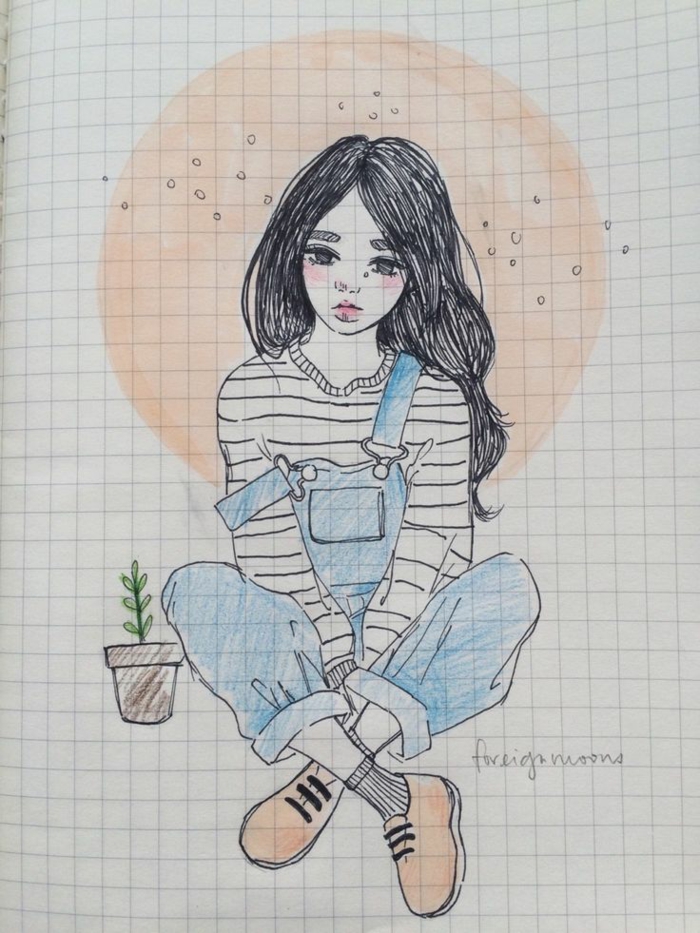 jeans onesie, potted plant, girl sitting, anime girl sketch, long black wavy hair, orange shoes