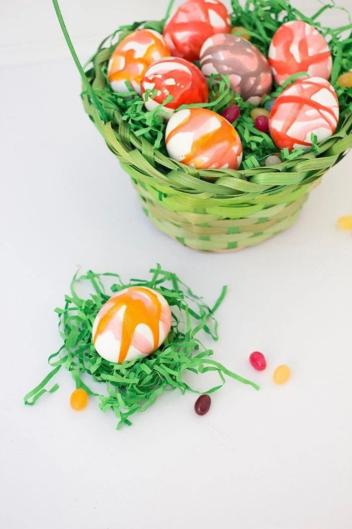 green wooden basket, full of colourful eggs, coloring easter eggs, kool aid eggs, diy tutorial, jelly beans