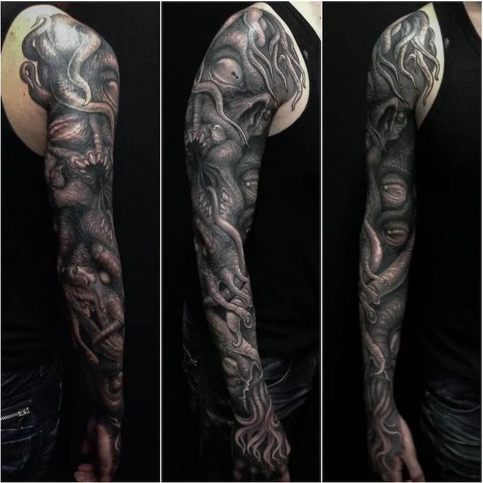 large black and white monster, arm sleeve tattoo, back tattoos for men, black top and jeans, black background