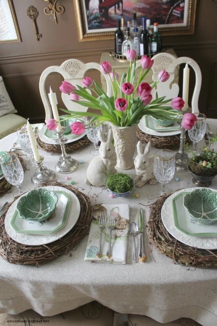 large bouquet of pink tulips, easter centerpiece ideas, white and green plate settings