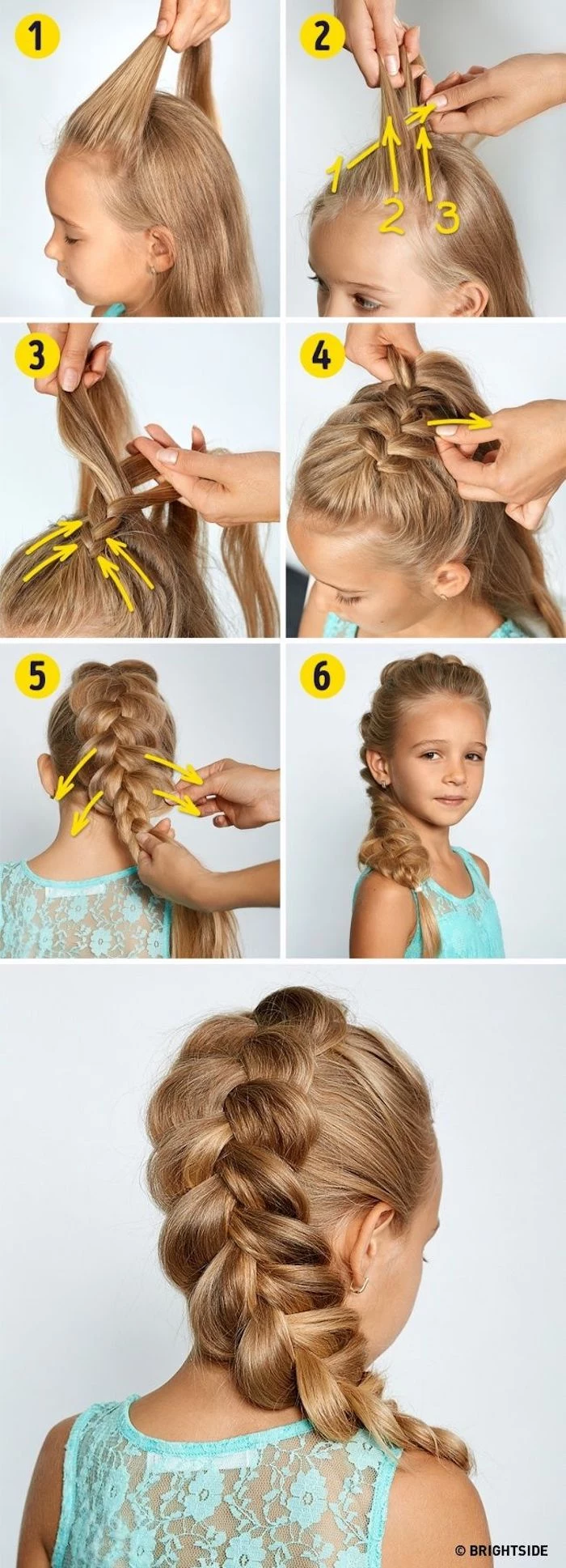 turquoise top, white background, braided hairstyles for little girls, step by step tutorial, long blonde hair in a braid