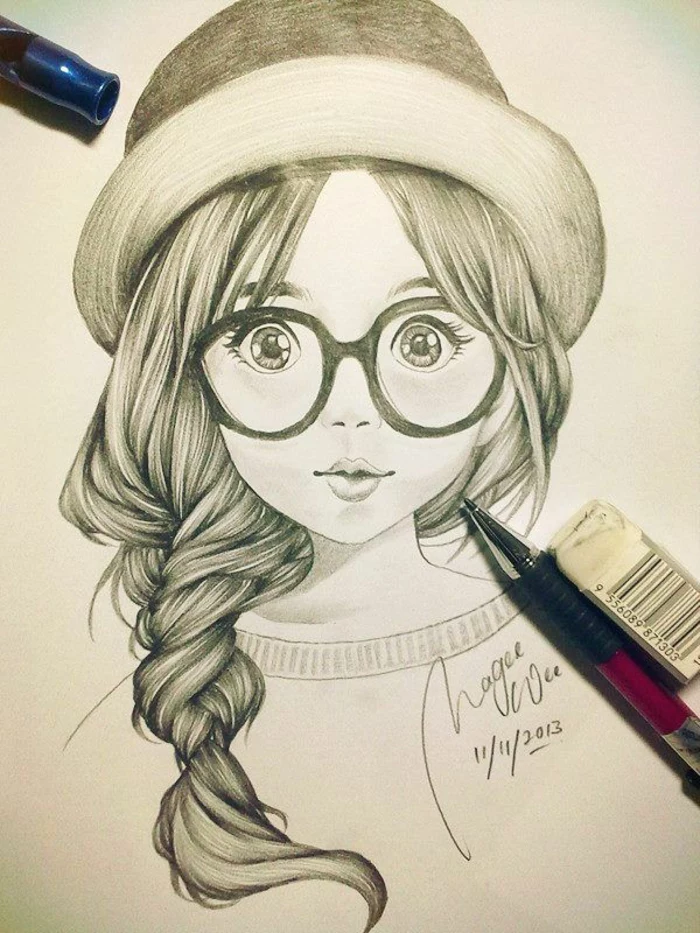 black and white girl drawing, braided side ponytail, large sunglasses, hat on top of the head