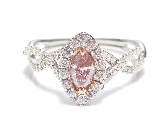 diamond studded band, non traditional engagement rings, morganite stone in the middle
