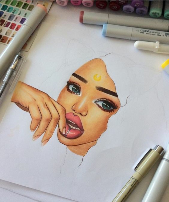 pink lips, green eyes, unfinished drawing, black and white girl drawing, white background, lots of pencils