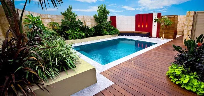 garden patio ideas, small pool, surrounded by wooden floor, planted trees palm trees and bushes arround