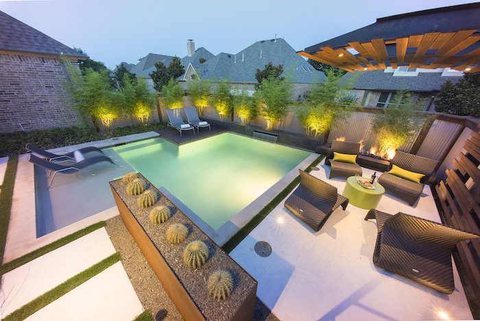 small swimming pools, garden furniture around, small garden ideas, planted trees and cactuses