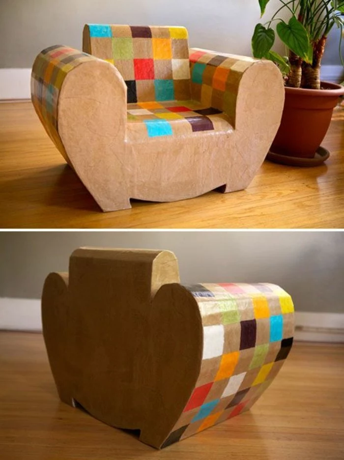 large potted plant, cardboard colourful armchair, on a wooden floor, cardboard ideas