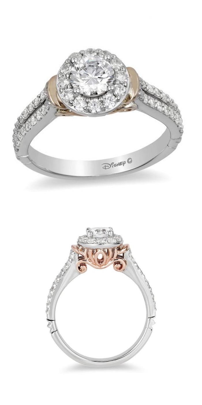 unique engagement rings, cinderella disney princess inspired ring, white and rose gold mix