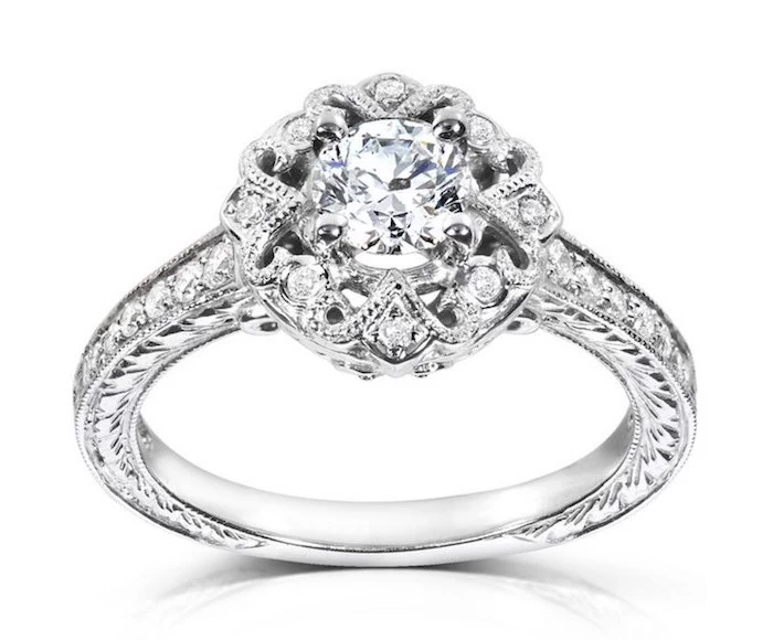 flower shaped diamond, diamond studded band, non traditional engagement rings, white background