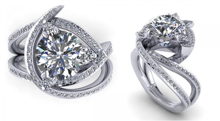 intricate diamond studded band, teardrop engagement ring, large round diamond