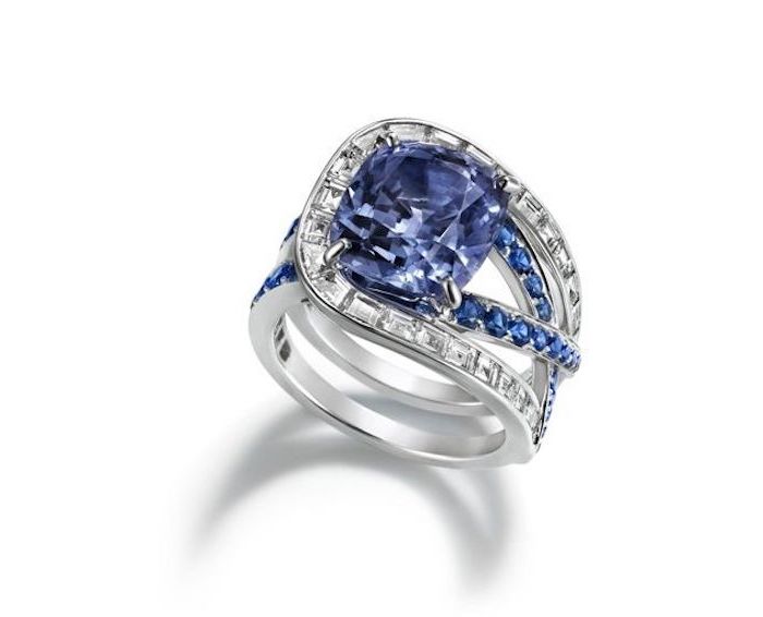 large square cut sapphire, alternative engagement rings, white gold diamond studded band