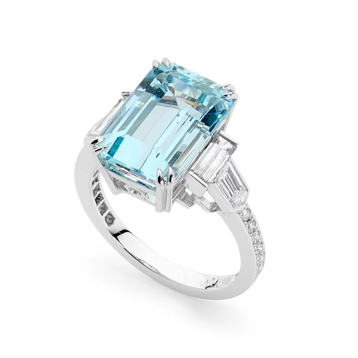 beautiful engagement rings, large square cut aquamarine, diamond studded band, white background