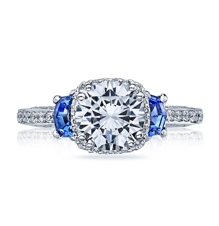 large square cut diamond, diamond studded band, engagement and wedding rings