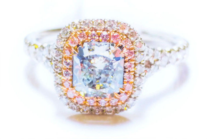 large square cut diamond, surrounded by morganite stones, engagement and wedding rings