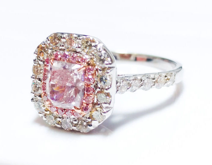 square cut morganite stone, diamond studded white gold band, engagement and wedding rings