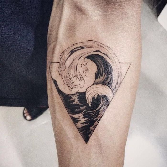 large waves, inside a triangle, forearm tattoo, arm tattoos for men, man wearing black, white background
