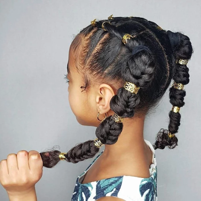 long black hair, two braids, golden elastic bands, floral top, cute simple hairstyles