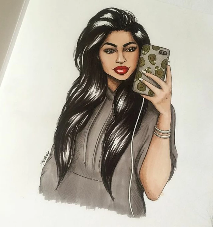 long black wavy hair, girl holding a phone, taking a selfie, avocados phone case, black and white girl drawing