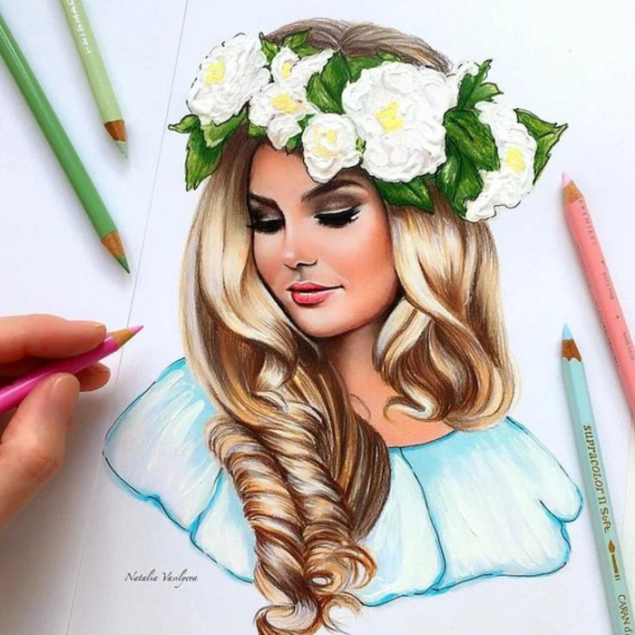 large floral crown, long blonde curly hair, boy and girl drawing, pencils around the drawing