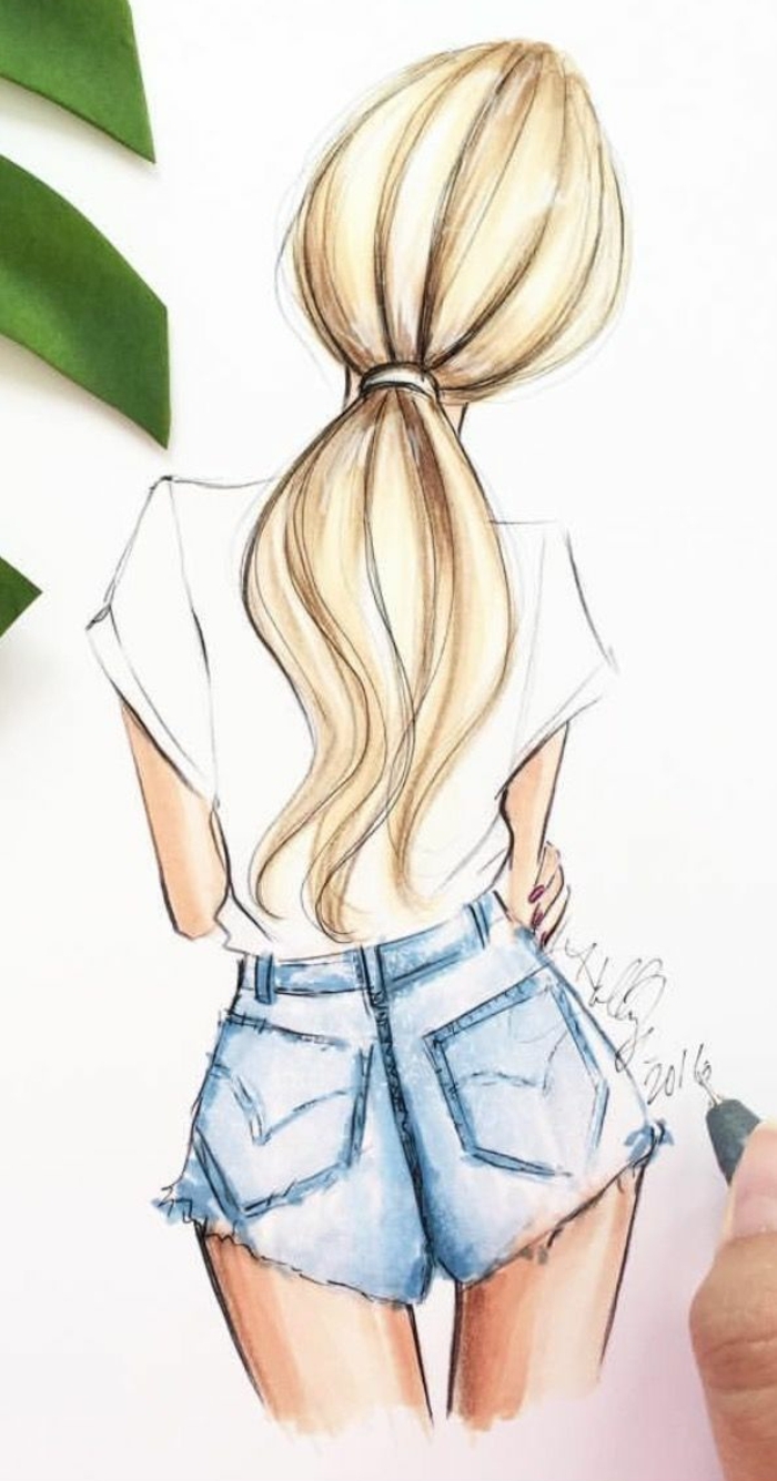 long blonde hair in a ponytail, girl dressed in white shirt and jeans, boy and girls drawing, white background