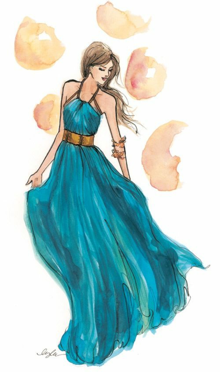 how to draw a person step by step, long blue dress, long brown wavy hair, bracelets on the hand