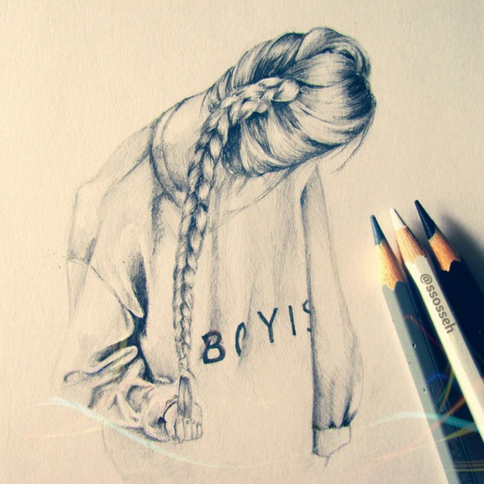 black and white sketch, long braided hair, how to draw a person step by step, white sketchbook