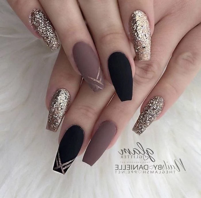 nude and black matte nail polish, gold glitter nail polish, cool nail designs, both hands photographed