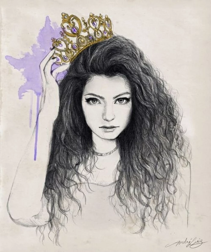 lorde inspired drawing, how to draw a person step by step, golden crown, black curly hair