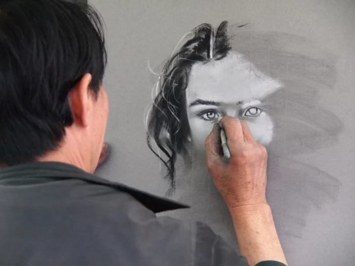 man drawing, grey background, how to draw a person step by step, drawing of a woman, black and white sketch