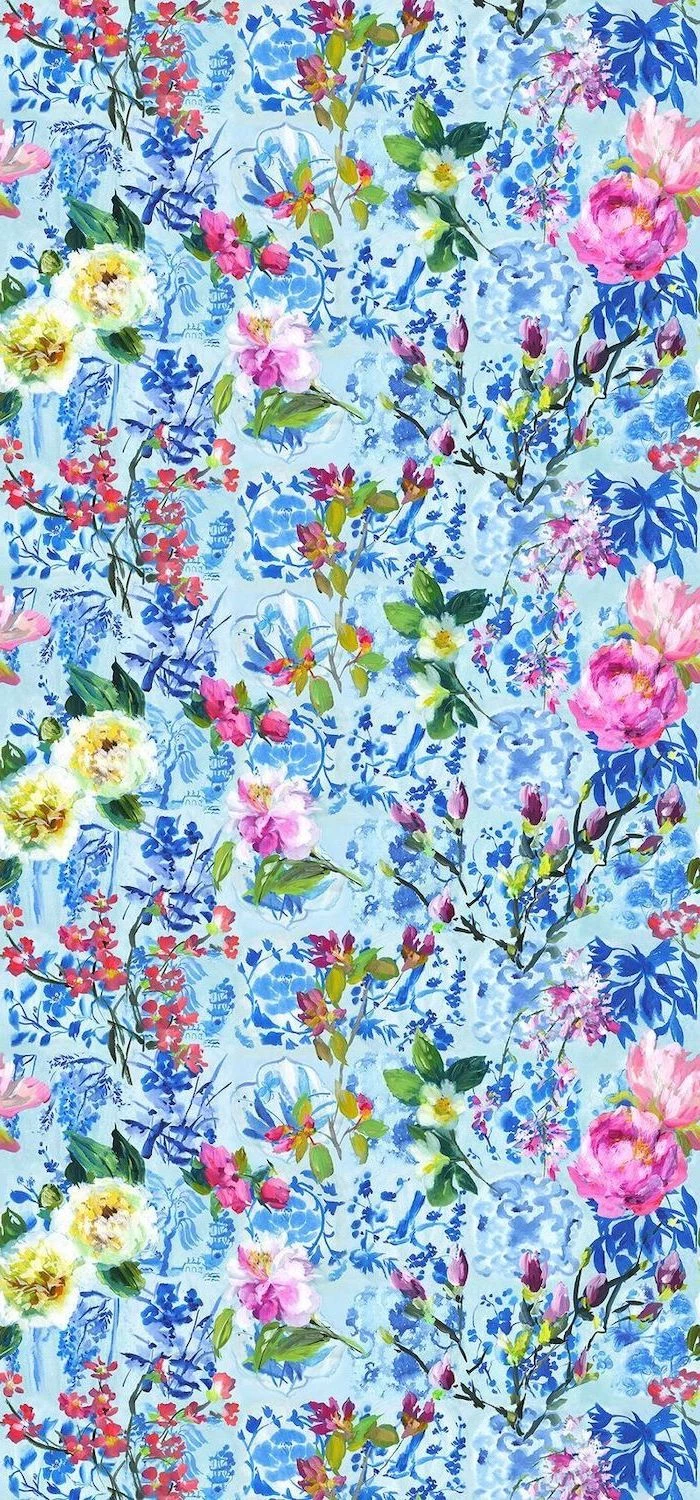 floral phone background wallpaper, painted flowers, spring desktop wallpaper, blue background
