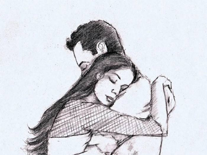 couple hugging, black and white sketch, how to draw a person step by step, white background