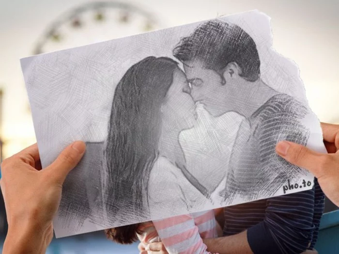 hands holding a drawing, cute drawings, couple kissing, black and white sketch