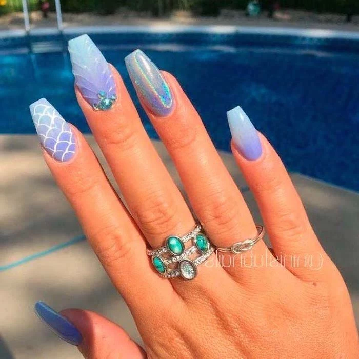 mermaid manicure, pretty nail designs, long coffin nails, silver rings on the middle finger, with turquoise stones