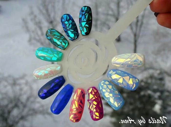 pretty nail designs, manicure palette, mirror like design, nails in different colours
