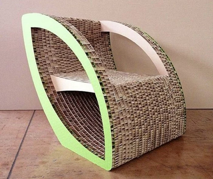 cardboard armchair, painted in green, diy cardboard shelves, intricate design, tiled floor
