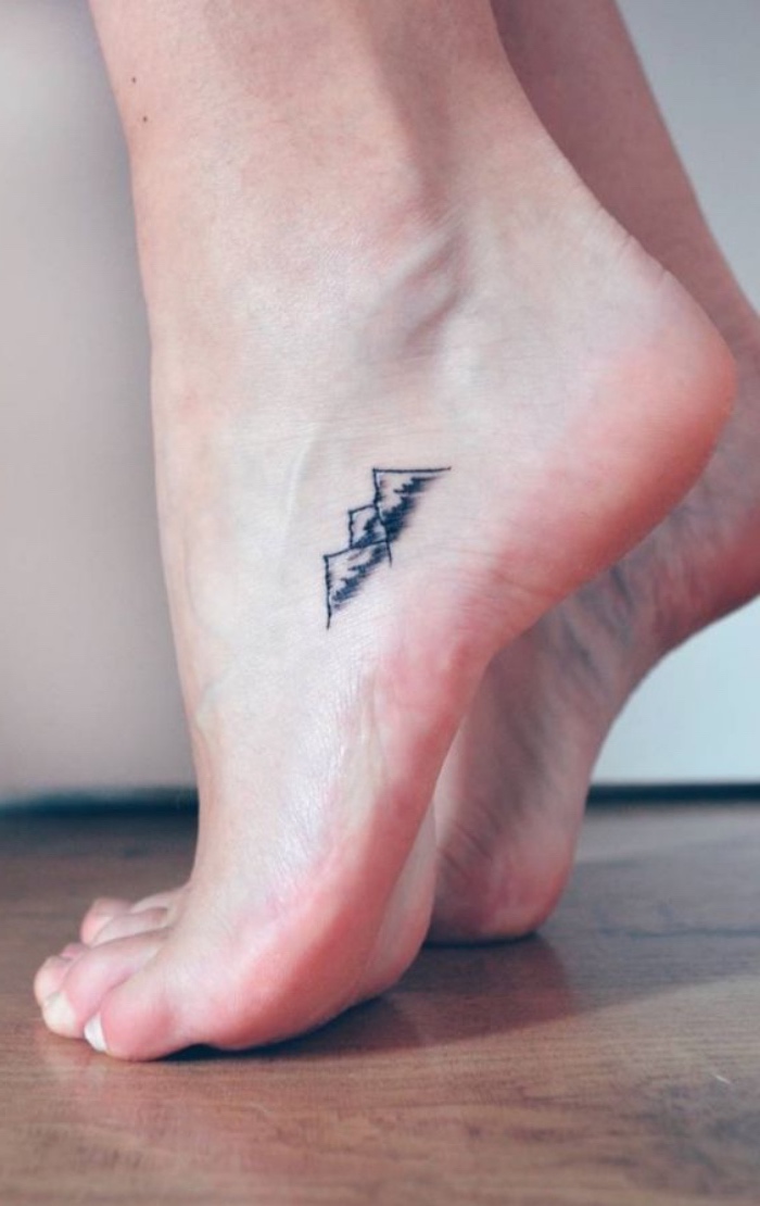 mountain landscape foot tattoo, small tattoos tumblr, bare feet, on a wooden floor