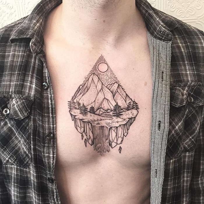 mountain landscape chest tattoo, sacred geometry tattoo, plaid shirt, moon shining on trees and waterfall