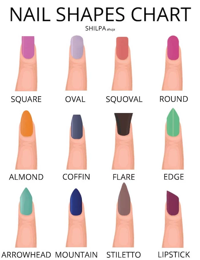 nail shapes chart, nail ideas, different nails drawn with different colours, on a white background