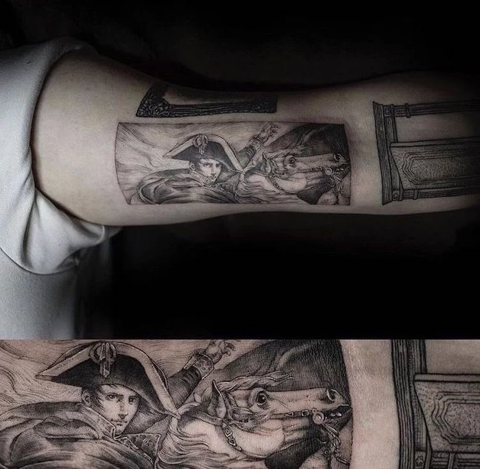 cool tattoos for guys, napoleon crossing the alps painting, inner arm tattoo, black background