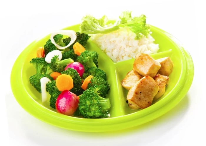 neon green plate, full of salad, meat and rice, nutrition plan, broccoli an turnip salad, white background