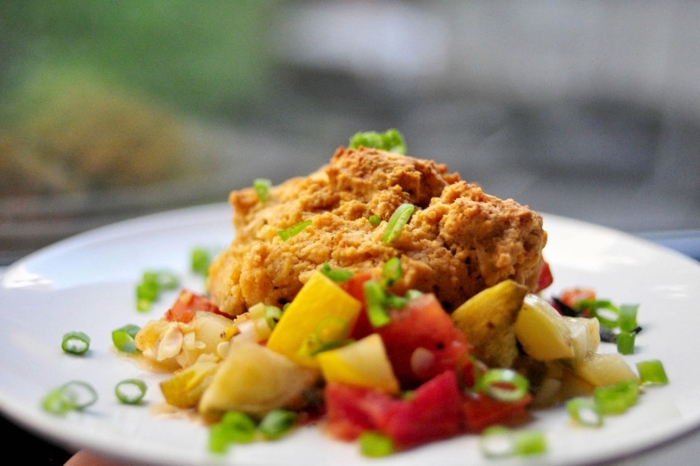 what should i have for lunch, vegetable salad, with meat and onions, on a white plate