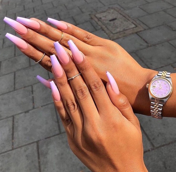 orange and purple ombre nail polish, very long coffin nails, cute coffin nails, silver watch on the wrist